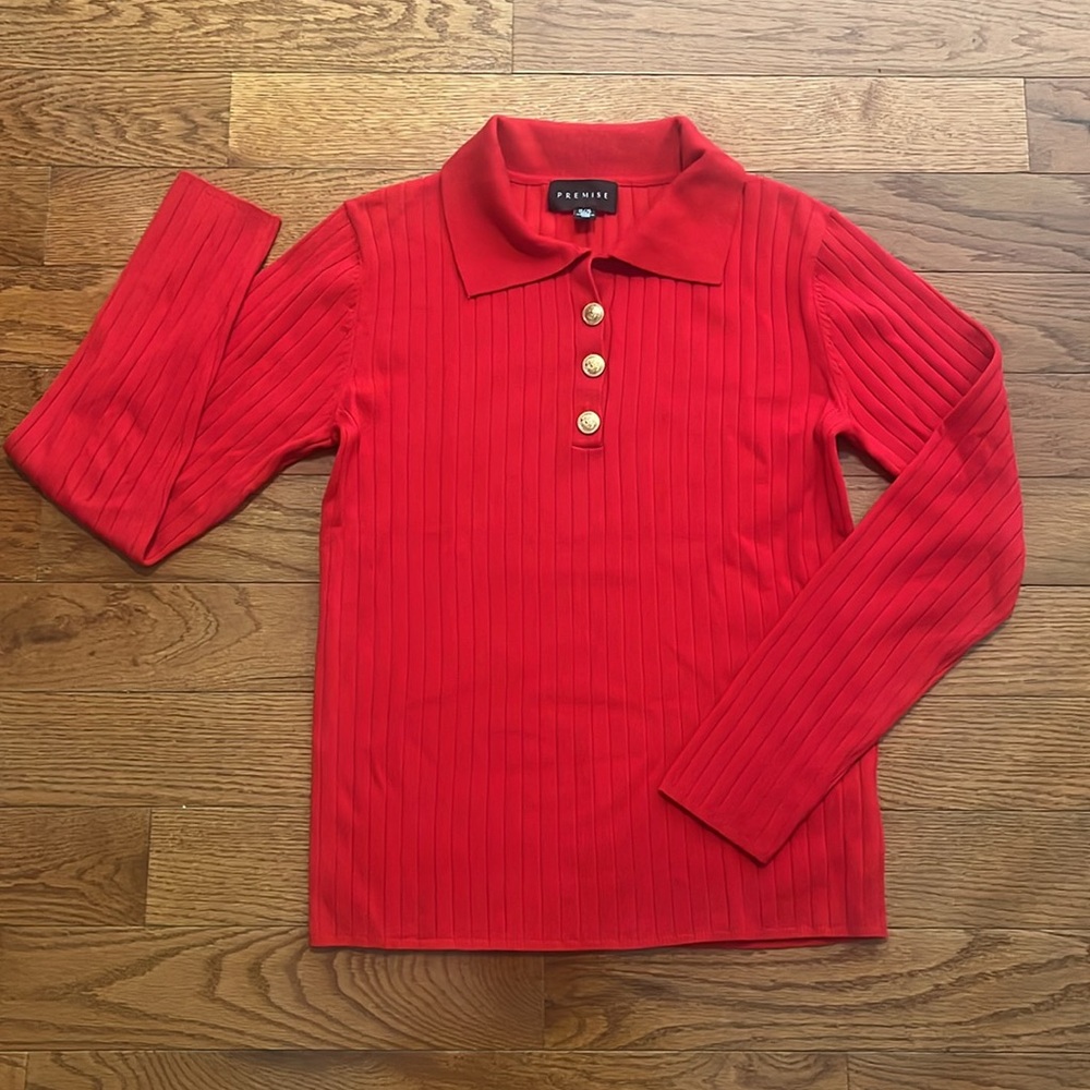 Premise Red Collar 1/4 Gold Button Pullover Sweater Top, Women's M